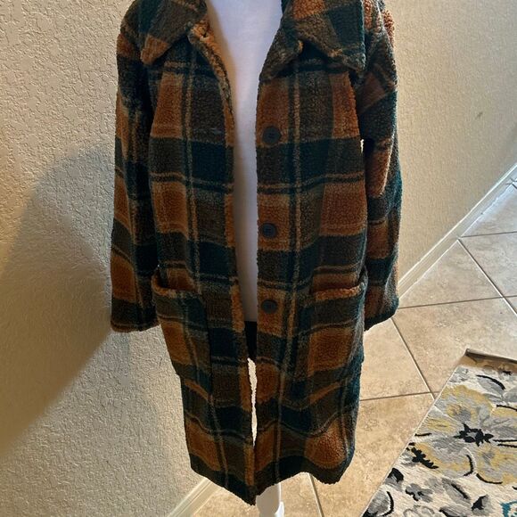 Joyfolie Size XXS Gertie Long Coat Green & Tan Plaid Oversized Folklore Fall NWT - Picture 1 of 10